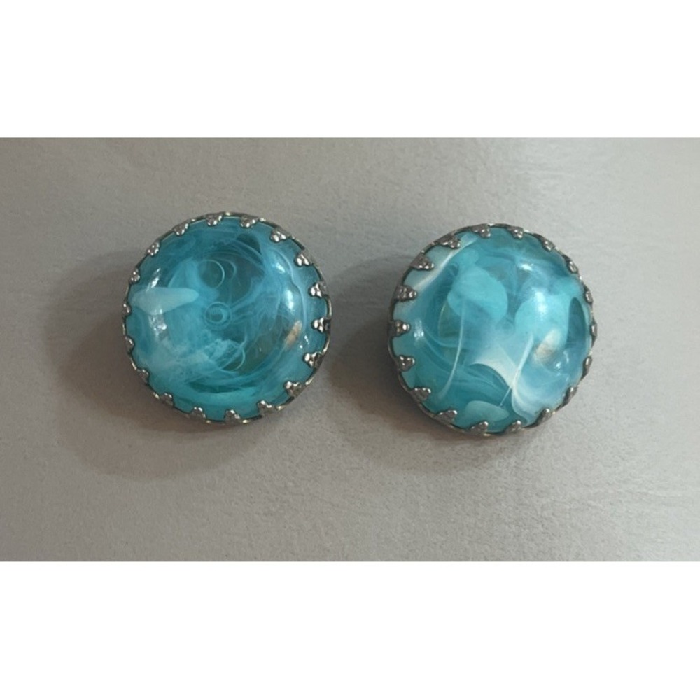 Vintage Art Deco Clip On Earrings Blue Marble Round Silver Tone
